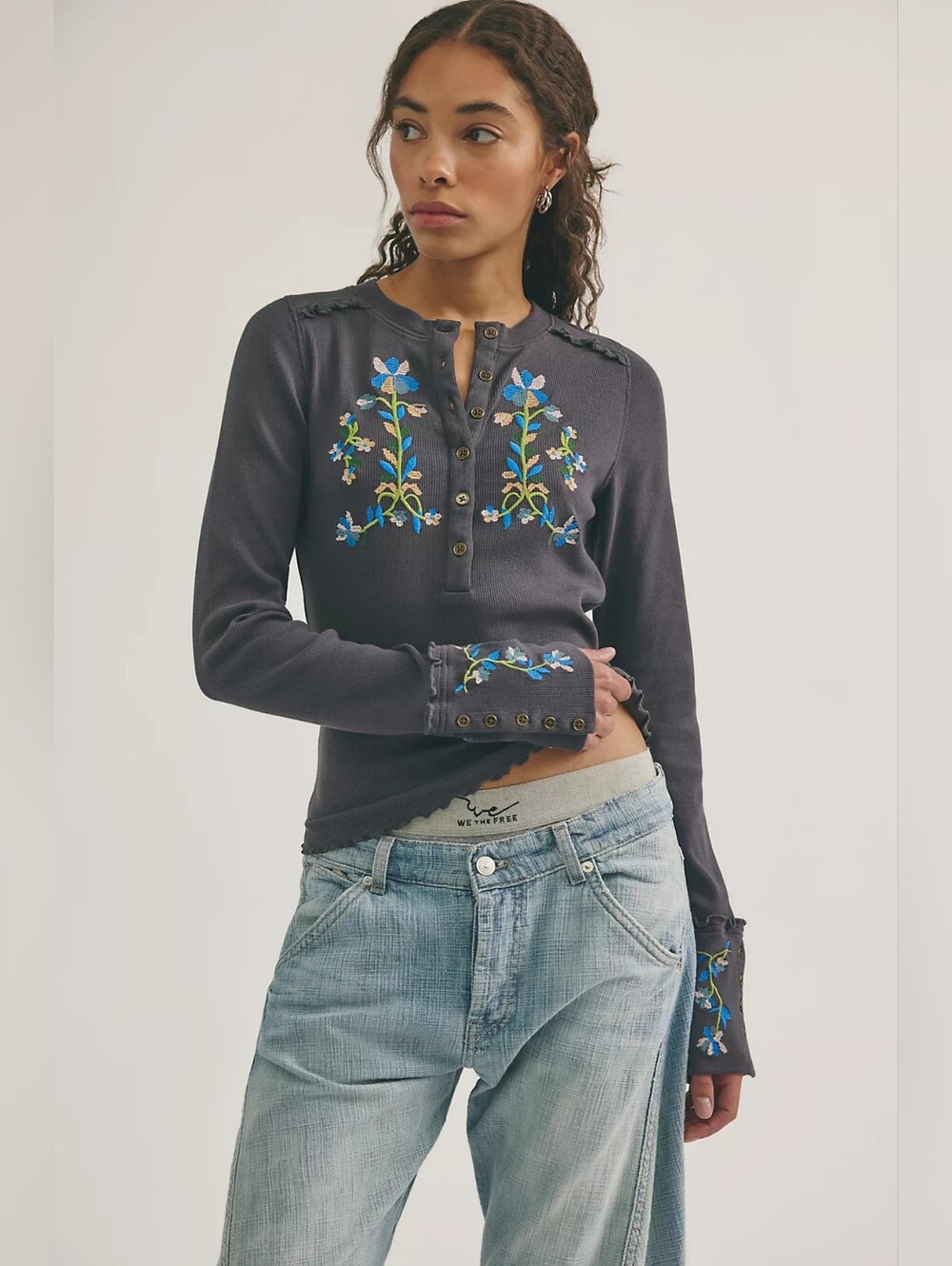 Free People Fleur Embroidered Cuff Henley Top XS